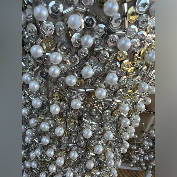 Vintage elegant cocktail dress beige sheer beads pearls sequins Peak Evenings XS - Picture 13 of 13